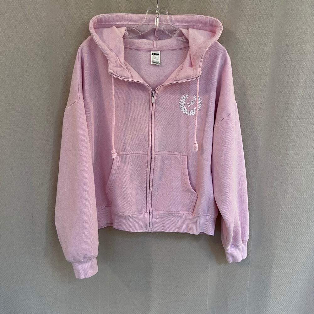 Pink Victoria’s Secret Fleece Campus Full Zip Hoodie Relaxed Oink Sz M